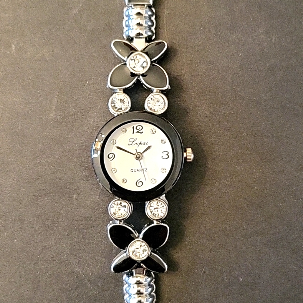 Floral Silver-tone & Black Enamel Watch with Sparkling Crystals!